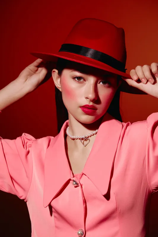 Stylish woman wears red hat and pink blouse while adjusting hat brim. Soft lighting highlights flawless makeup and chic pearl necklace in fashion beauty portrait concept.