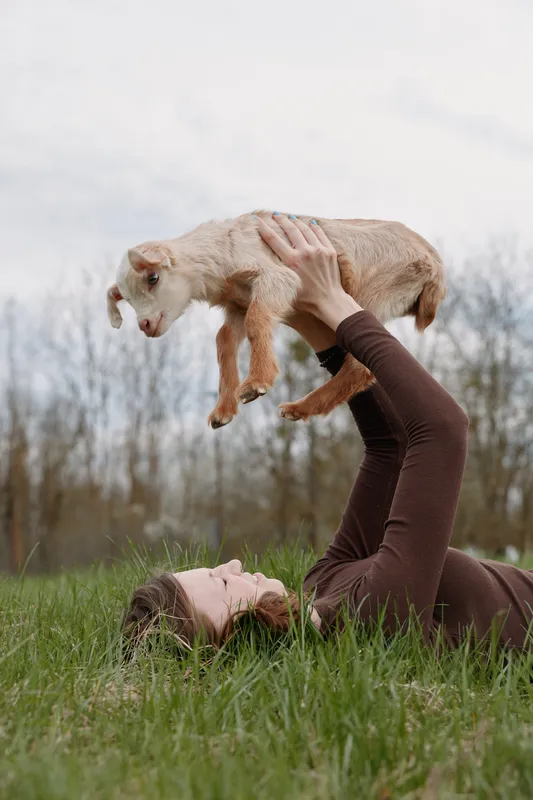 Goat kid lifted by a smiling woman outdoors, a playful bonding moment on green grass under sunlight, a relaxed lifestyle scene capturing affection for animals and nature