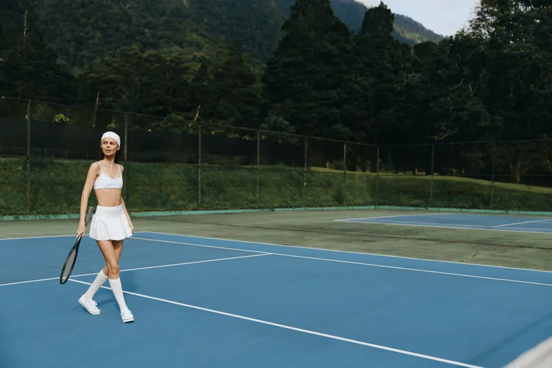 Young woman in white sporting outfit walking confidently on a tennis court with green mountains in the background, embodying active lifestyle and sportsmanship