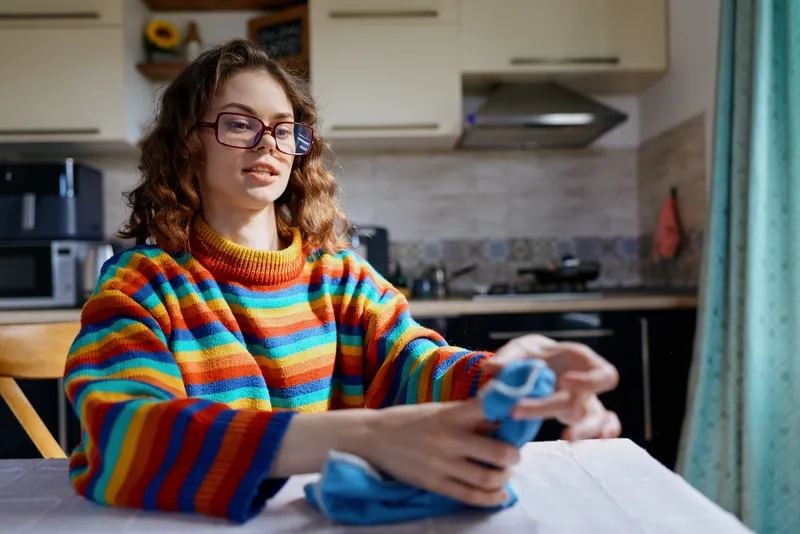 Young woman with curly hair and glasses sits at a kitchen table, folds a blue cloth, and enjoys a cozy home moment in a colorful striped sweater.
