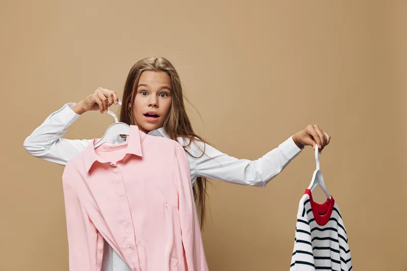 Girl holding pink shirt and striped sweater on hangers, choosing clothes with surprised expression against beige background in studio. Fashion, wardrobe, decision.
