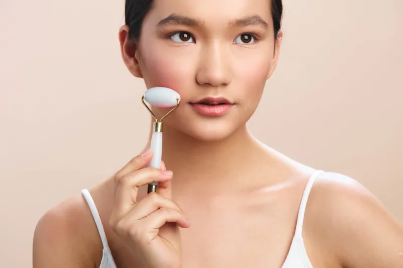 asian woman uses facial device in a bright studio, presenting a calm, focused moment during skincare routine, conveying wellness and modern beauty technology.
