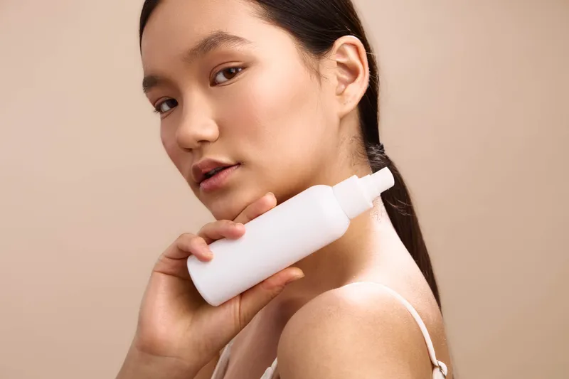 asian woman is photographed in a soft studio as she holds a white bottle near her face, showcasing a skincare moment with a calm, focused expression and gentle lighting.