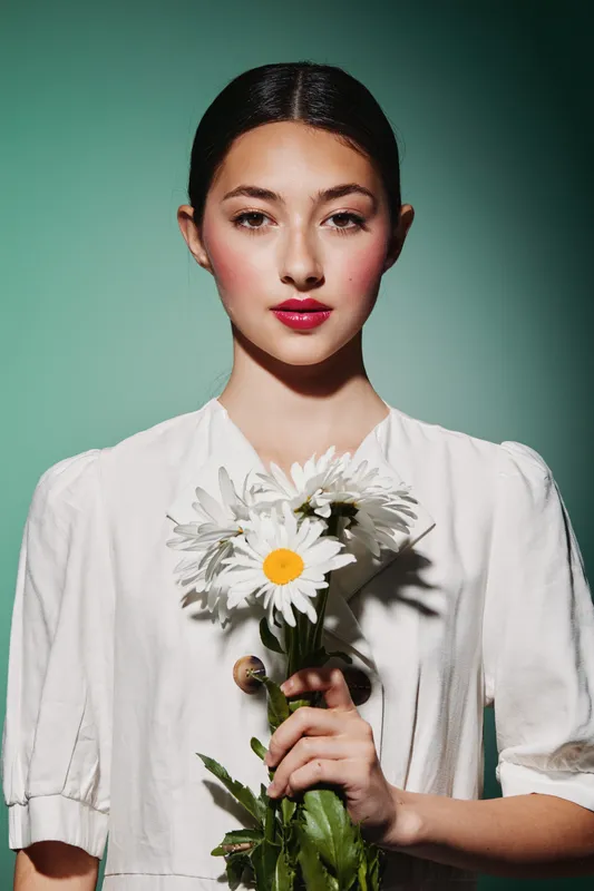 Young woman with pink makeup and red lips holds daisies wearing white dress on green background. Creative beauty portrait for fashion concepts and floral design inspiration.