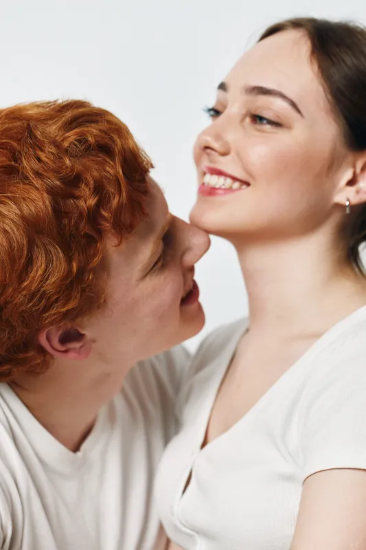 Couple, love, young, smile, man, woman, closeup, romantic, happy, relationship, affectionate, people, emotion, connection, lifestyle, intimacy, casual, together, passion, joy.