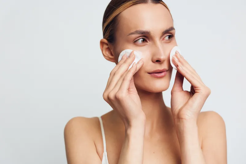 A young woman with clear skin gently applies cotton pads to her face in a bright studio. The image represents skincare, beauty routine, and personal care concepts.