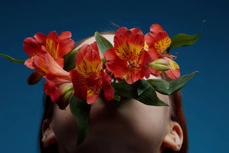 A close up of a person s face partially covered with vibrant red flowers, symbolizing beauty and nature, set against a deep blue background, capturing an emotional essence