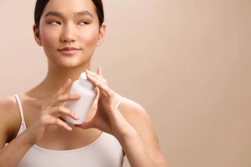asian woman applies skincare product in a clean studio. she smiles softly, exuding calm confidence as soft light highlights smooth skin and a minimalist, serene setting.
