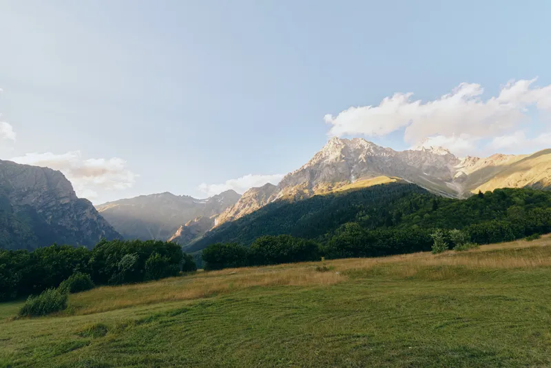 Tranquil meadow stretches toward distant snow capped mountains under a clear blue sky, with warm light highlighting the peaceful, expansive landscape, ideal for nature, travel, and outdoor lifestyle