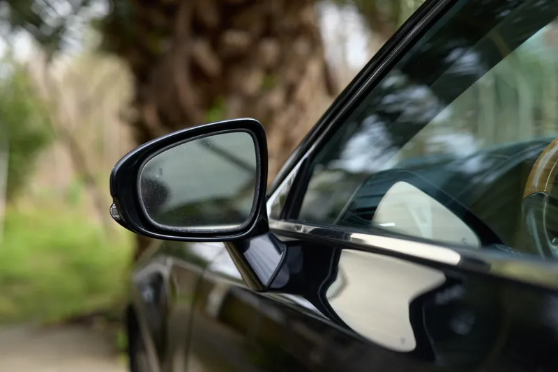 Close up of a black car side mirror reflecting a blurred green outdoor background with a palm tree visible behind the vehicle on a sunny day.