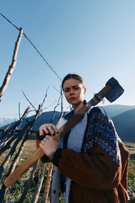 Woman with axe by fence in mountains countryside wood outdoor rural scene, young girl portrait holding tool over shoulder by wooden fence in field, serious pose in jacket and rustic landscape.