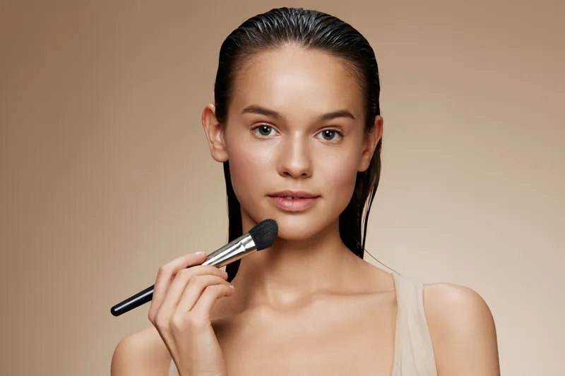 A natural beauty portrait of a young woman applying makeup, showcasing her clear skin and neutral toned clothing, exuding confidence and calmness