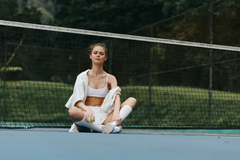 Young woman practicing yoga on a tennis court, wearing sporty attire, exuding calmness, surrounded by greenery, conveying a sense of fitness and tranquility