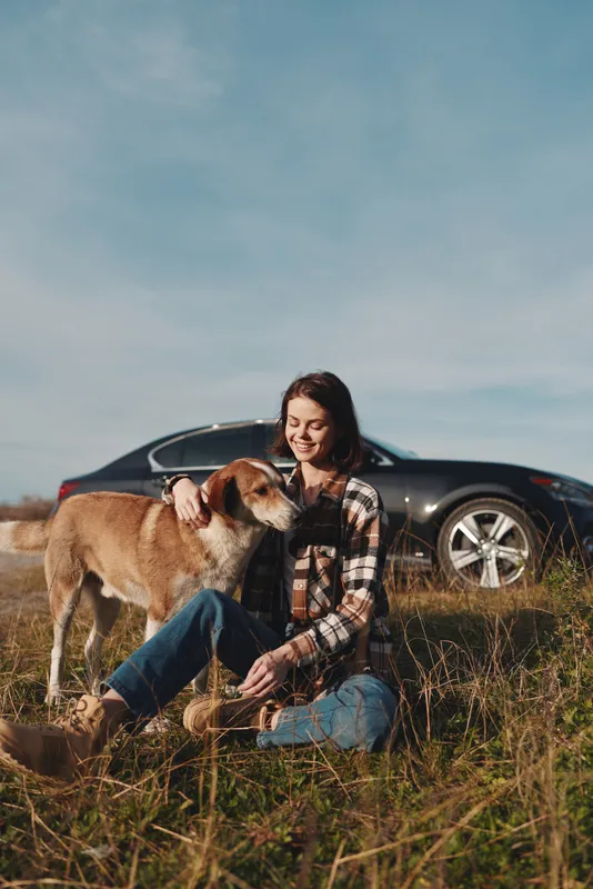 Woman sitting on grass with a dog beside a parked car in a sunny countryside setting, enjoying outdoor companionship, peaceful moments, and simple rural life together.