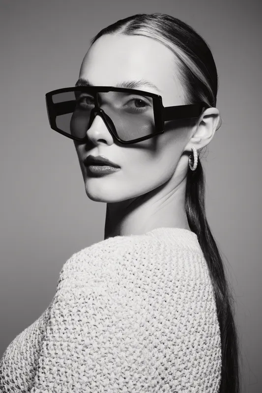 Young white woman with pale skin wears large black sunglasses and knitted sweater in black and white studio portrait. Fashion concept with confident female model.