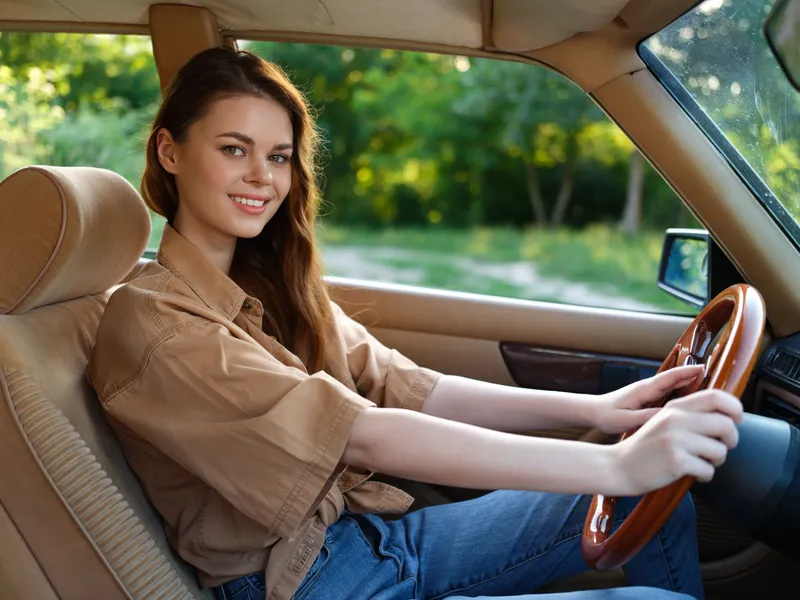 Young woman smiling while driving a vintage car in nature, wearing casual clothes, showcasing joy and freedom in a sunny, green setting.