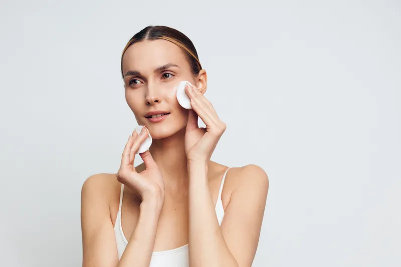 A young woman in a white tank top gently wipes her face with cotton pads in a bright studio. The concept focuses on skincare, beauty routine, and self-care for healthy skin.