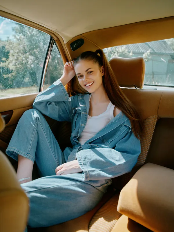 Young woman in denim outfit smiling in the backseat of a car, representing joy and comfort in casual fashion, perfect for lifestyle and travel concepts.