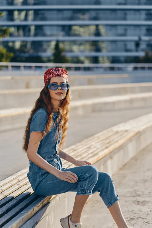Lifestyle woman in modern boho-western denim street style wearing sunglasses and a red bandana, relaxed outdoors with film color aesthetic and casual summer vibe.