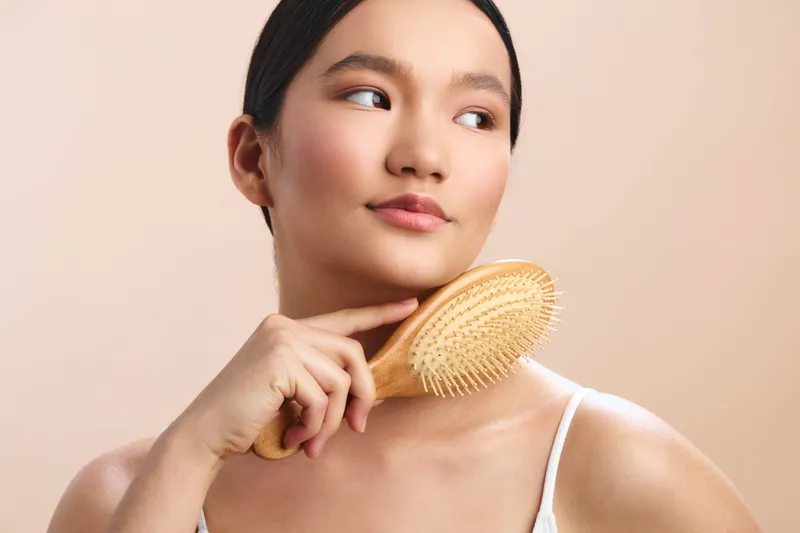 asian woman holds a wooden hair brush near her shoulder, gazing off to the side with a soft smile in a minimalist studio setting, conveying calm grooming and everyday selfcare.