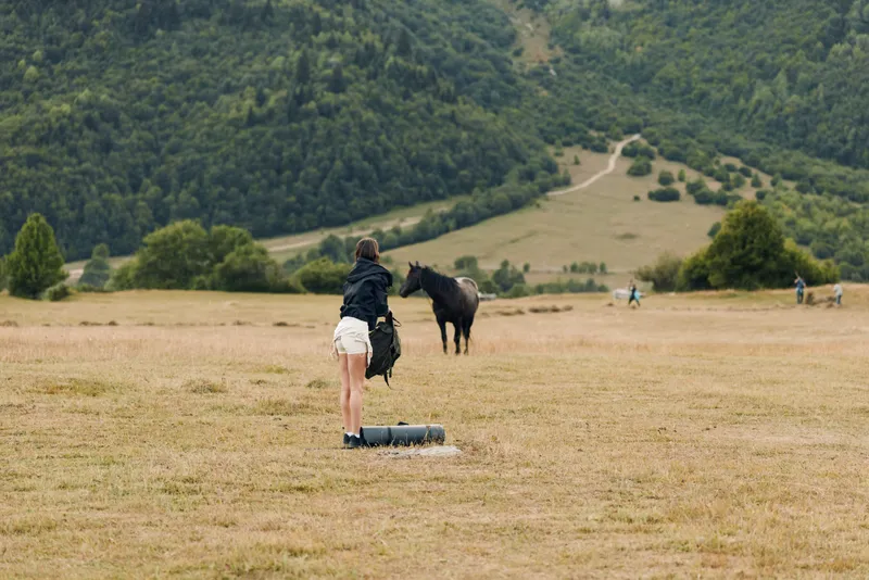 A solitary rider advances toward a calm horse across a sunlit meadow, with distant hills framing a quiet rural scene and a sense of freedom.