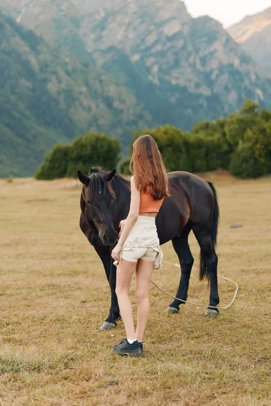 A young woman stands in a sunlit field with a black horse beside her. She holds the rope softly and gazes toward the distance, creating a peaceful rustic scene.