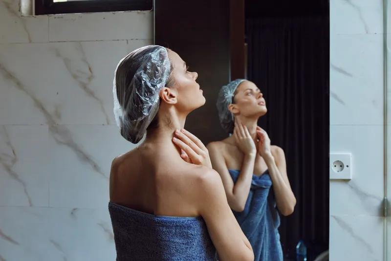 woman in towel with shower cap checking skin in bathroom mirror, self-care routine, clean skincare, wellness, indoor, reflection, morning light