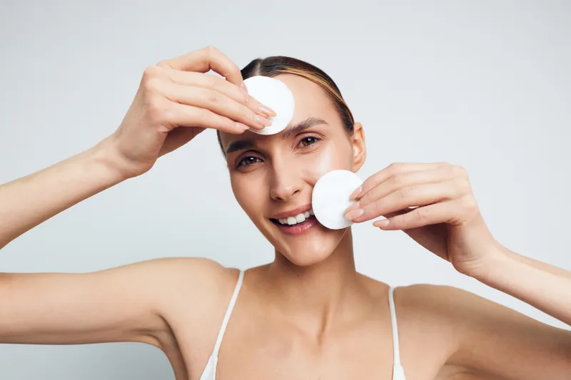 Young woman with clear skin removing makeup using cotton pads, smiling gently, clean beauty routine, minimal background, natural light, fresh skincare concept
