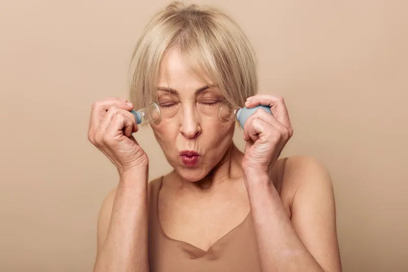 Mature woman with blonde hair uses facial massage rollers on cheeks, eyes closed, focused on skincare routine. Concept for beauty, anti aging, wellness, and self care at home.