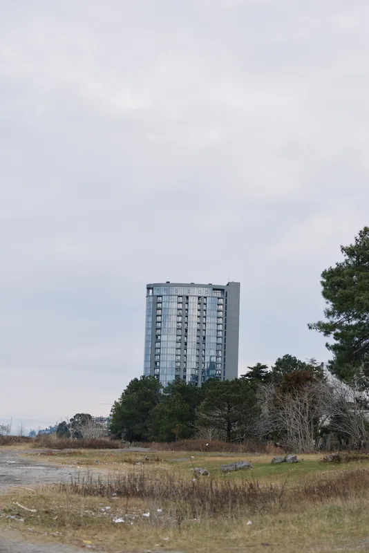 Tall building rising behind a grassy field with trees, open sky and calm landscape, contrasting urban architecture with natural foreground.