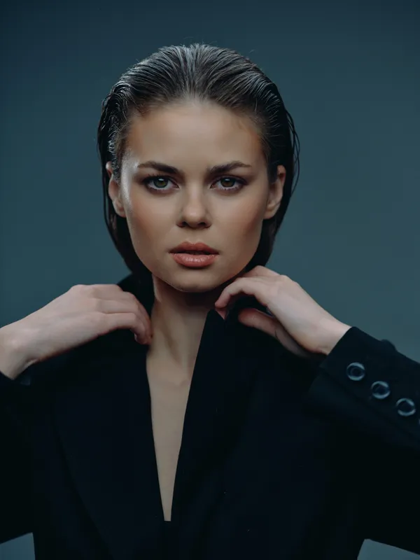 serious woman in black jacket with wet hair looking at camera with intense expression in dark studio