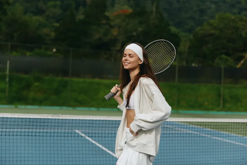 Smiling athletic woman in sportswear playing tennis on a sunny day, wearing a headband, with a vibrant green background and a clear blue sky