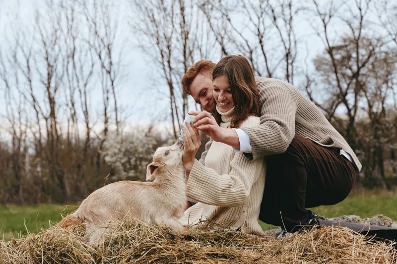 A couple with goat kid outdoors enjoying a tender moment on a farm, showcasing lifestyle, affection, countryside, nature, and animals in a warm, cozy scene.