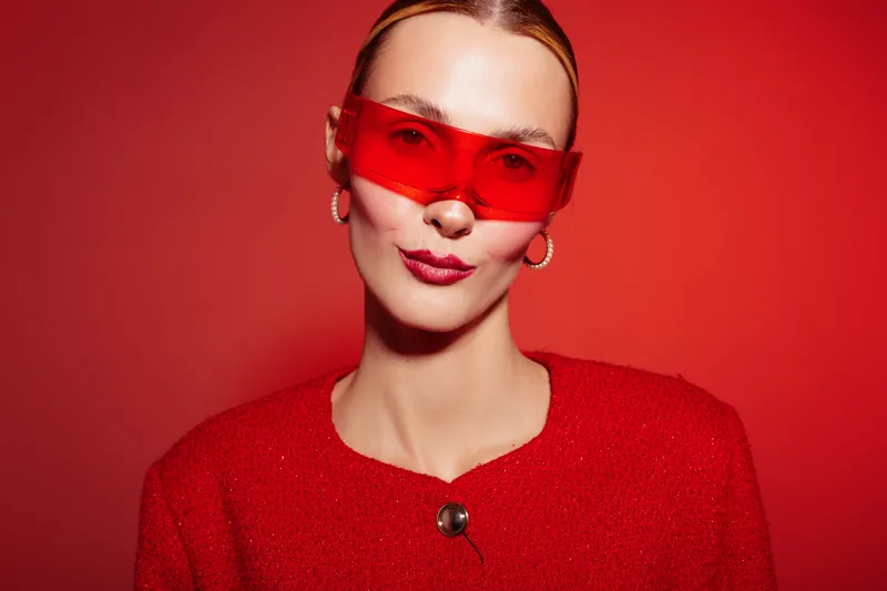 Stylish woman in red sweater and red translucent sunglasses poses confidently on red background. Fashion portrait with bold colors and modern accessories for trendy style concept.