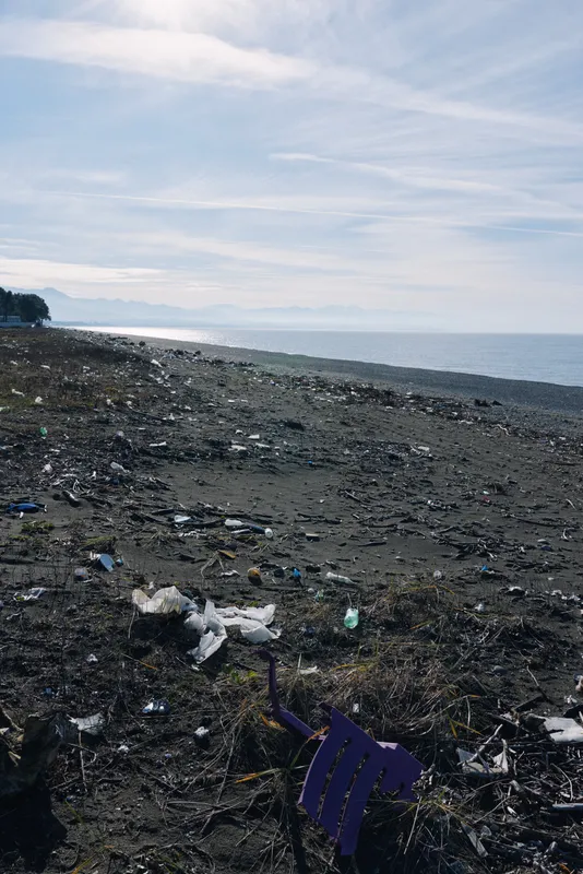 Beach litter and pollution on the shore with plastic debris and scattered trash under a muted sky and calm sea, with visible bottles, wrappers and driftwood along the horizon.