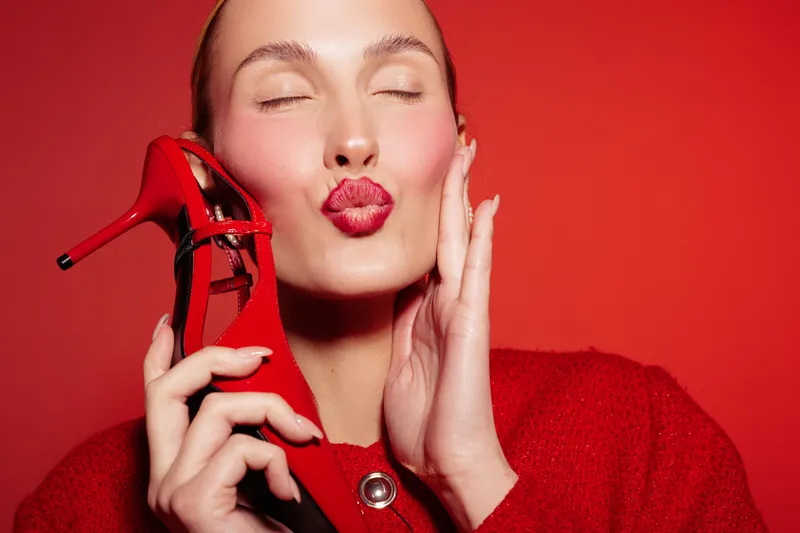 Young woman with closed eyes holds red high heel shoe near face, wearing red sweater. Bright red background creates vibrant fashion and beauty concept with playful mood.