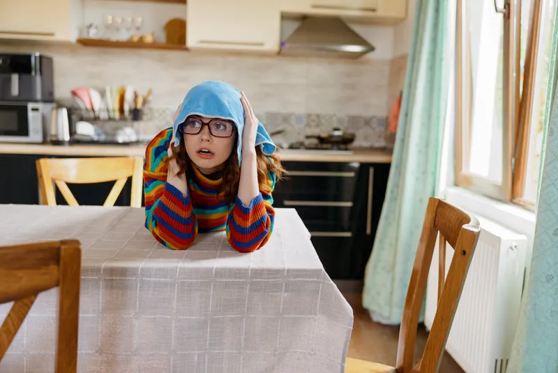 A woman sits at a kitchen table indoors, wearing a striped sweater and blue knit hat, looking pensive and tired, captured in a cozy home environment, natural light.