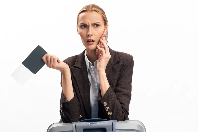 Confused businesswoman talks on phone holding passport and boarding pass by suitcase. Concept of travel planning, airport delay, and unexpected travel problems in white background.