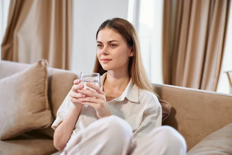 Woman on sofa holding a glass of water at home, relaxed and thoughtful portrait with soft light, casual outfit and cozy living room scene conveying calm domestic wellness.