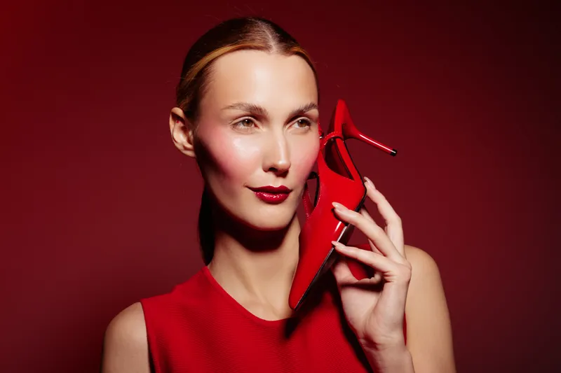 Elegant woman in red dress holds red high heel shoe near face on red background. Concept of fashion, style, glamour, and monochrome color theme with confident female model portrait.