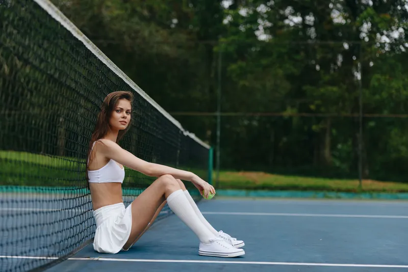 Young athletic woman in sportswear sitting by a tennis net on a sunny day, expressing a relaxed and confident mood, showcasing vibrant greenery in the background