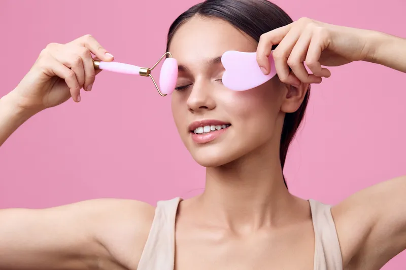 Young woman using beauty tools on her face for skincare against a soft pink background, expressing relaxation and joy while embracing a self care routine