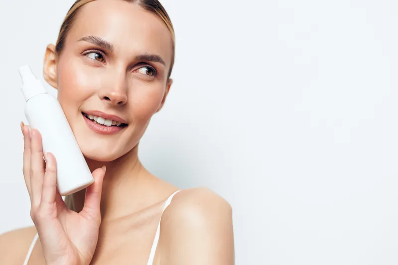 Young woman with light hair holds a bottle of lotion against a white background, smiling softly, demonstrating a simple skincare routine with clean, minimalist vibes.