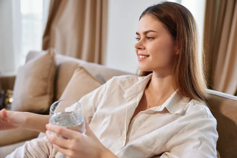 Woman sofa glass water smile home relaxed casual portrait of a young woman sitting on a couch holding a glass of water, smiling and enjoying a calm, cozy moment of hydration.