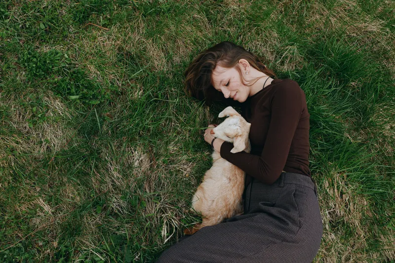 Woman lying on grass embraces a young goat kid, sharing a tender moment in a sunny meadow. Focus on bonding, nature, and relaxation. Lifestyle image emphasizes calm warmth and gentle companionship