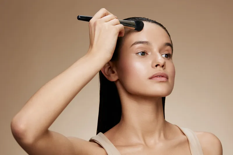 Female model applying makeup with a brush, showcasing natural beauty and confidence in a minimalistic studio setting with a beige background
