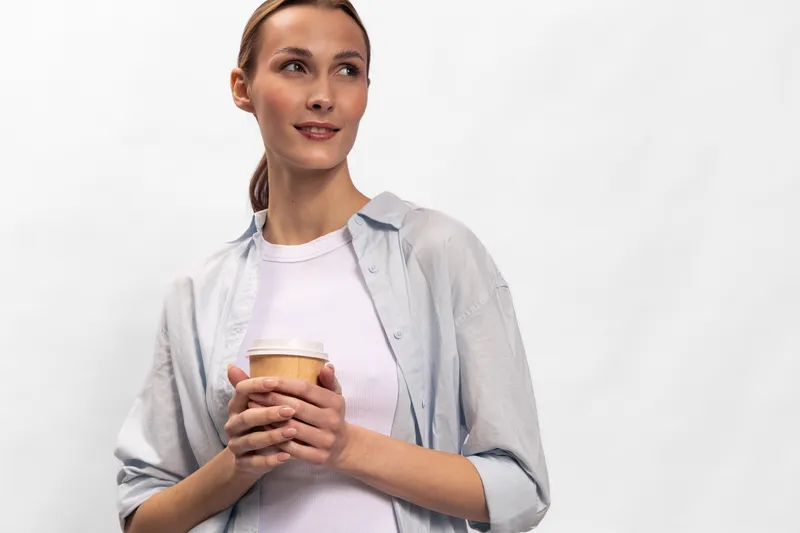 Young woman with light skin and tied hair holds a paper coffee cup, wearing casual shirt and white top. She looks away with soft smile on white background. Concept of relaxation and break.
