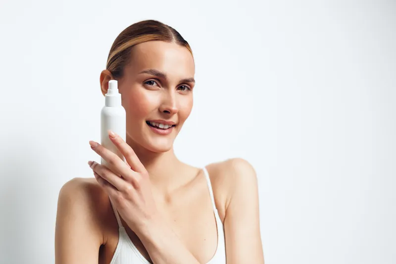 Woman skincare face serum cream, smiling portrait, applying product on white background, self care for wellness, soft studio lighting, close upper body