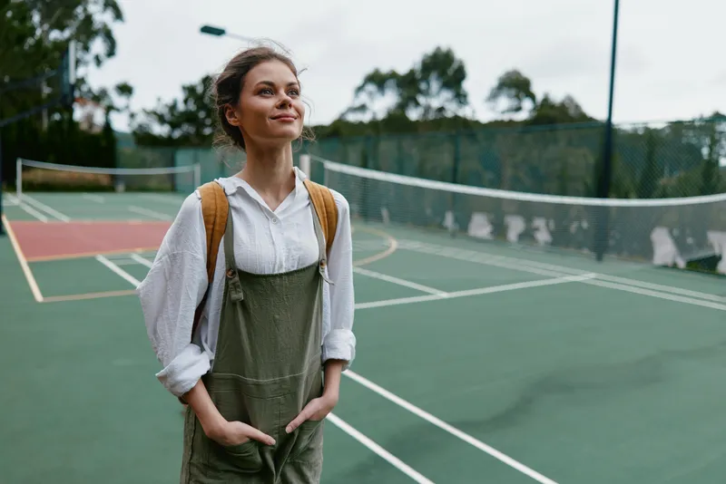 Young woman in casual overalls and a backpack, smiling confidently on a tennis court during a cloudy day, representing an active and healthy lifestyle