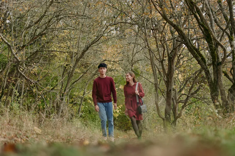 A candid autumn scene of a young couple walking under bare trees on a leafy path, an authentic natural interaction captured with genuine expressions and realistic seasonal tones.